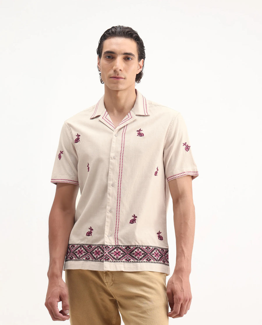 Rare Rabbit Men's Bris Off White Cotton Embroidered Boxy Fit Half Sleeve Cuban Collar Shirt
