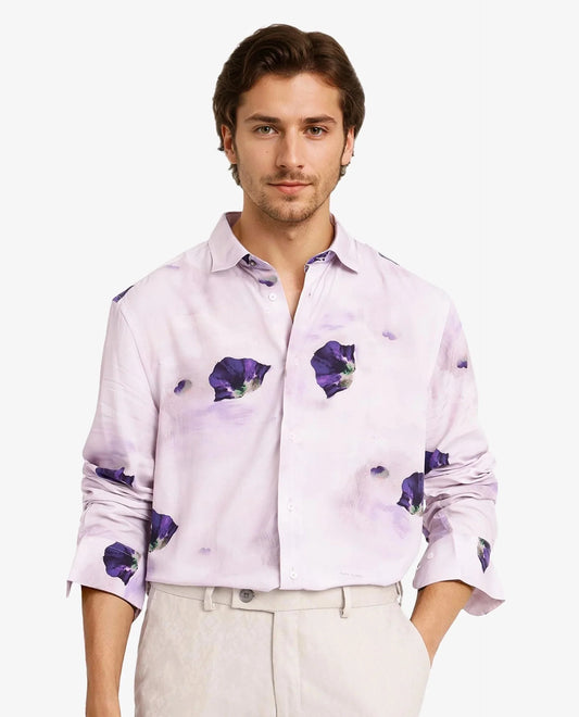 Rare Rabbit Men's Brixo Pastel Purple Viscose Floral Print Regular Fit Full Sleeve Collared Shirt