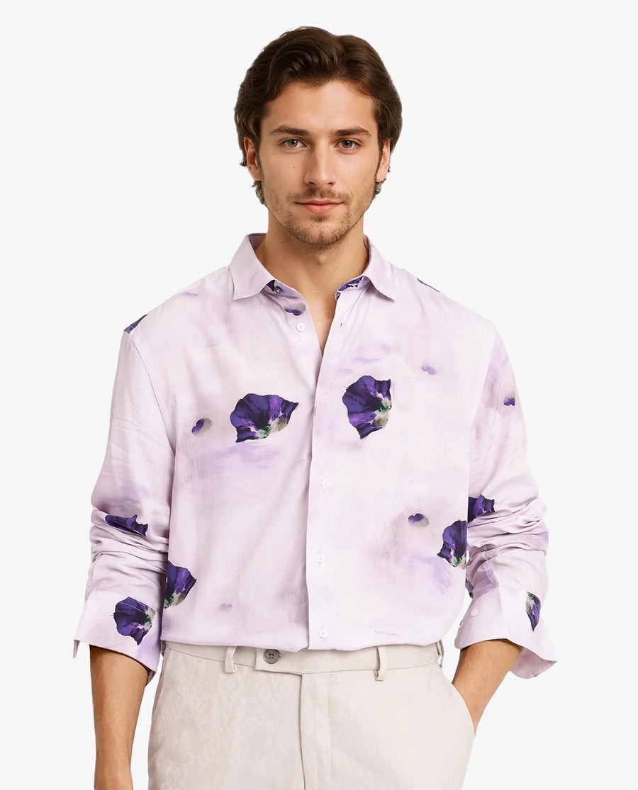 Rare Rabbit Men's Brixo Pastel Purple Viscose Floral Print Regular Fit Full Sleeve Collared Shirt