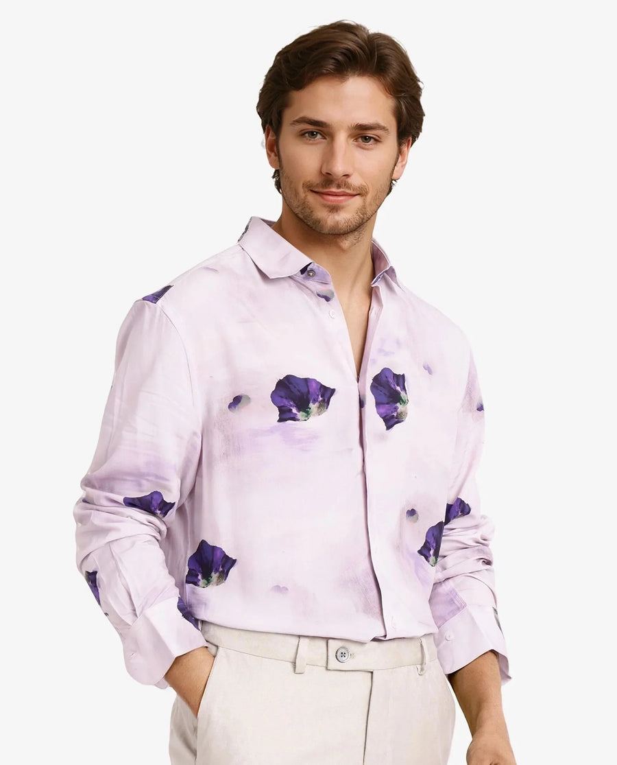 Rare Rabbit Men's Brixo Pastel Purple Viscose Floral Print Regular Fit Full Sleeve Collared Shirt