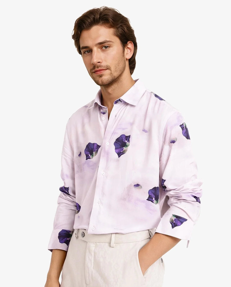 Rare Rabbit Men's Brixo Pastel Purple Viscose Floral Print Regular Fit Full Sleeve Collared Shirt