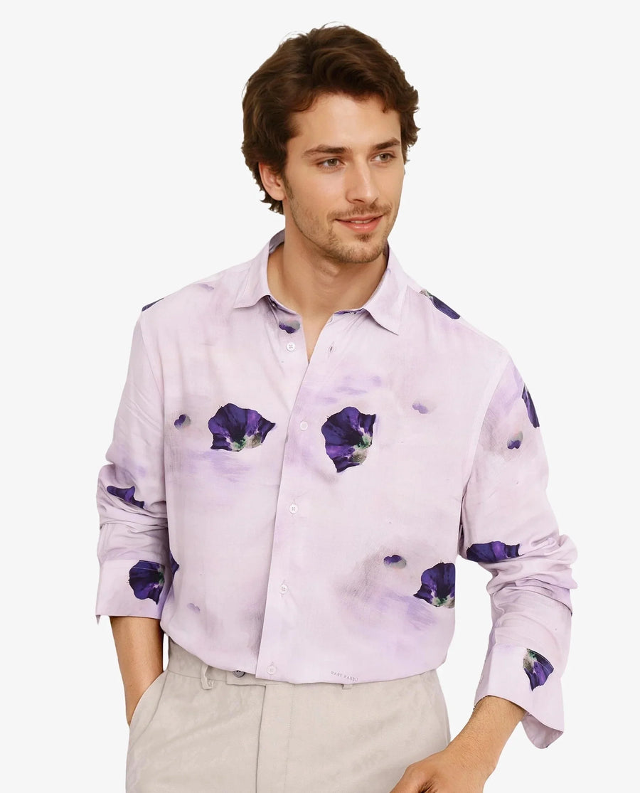Rare Rabbit Men's Brixo Pastel Purple Viscose Floral Print Regular Fit Full Sleeve Collared Shirt