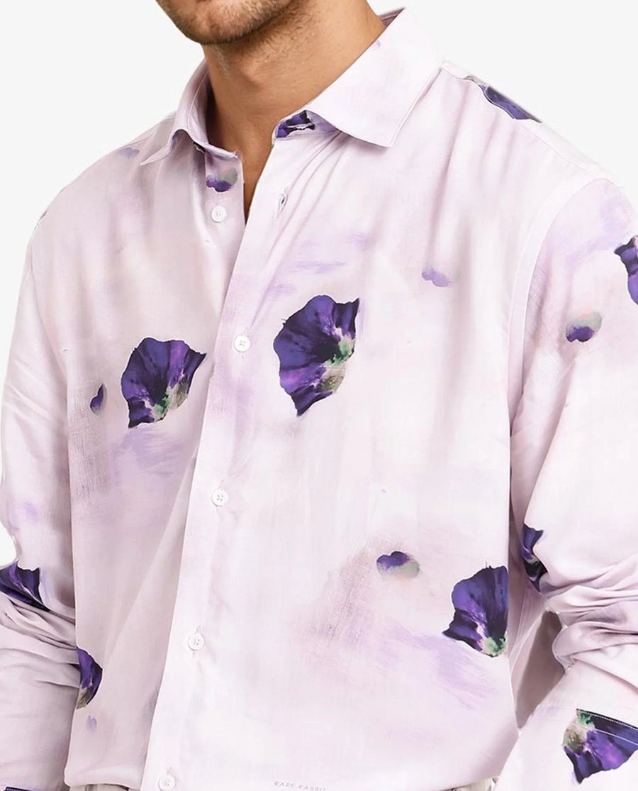 Rare Rabbit Men's Brixo Pastel Purple Viscose Floral Print Regular Fit Full Sleeve Collared Shirt