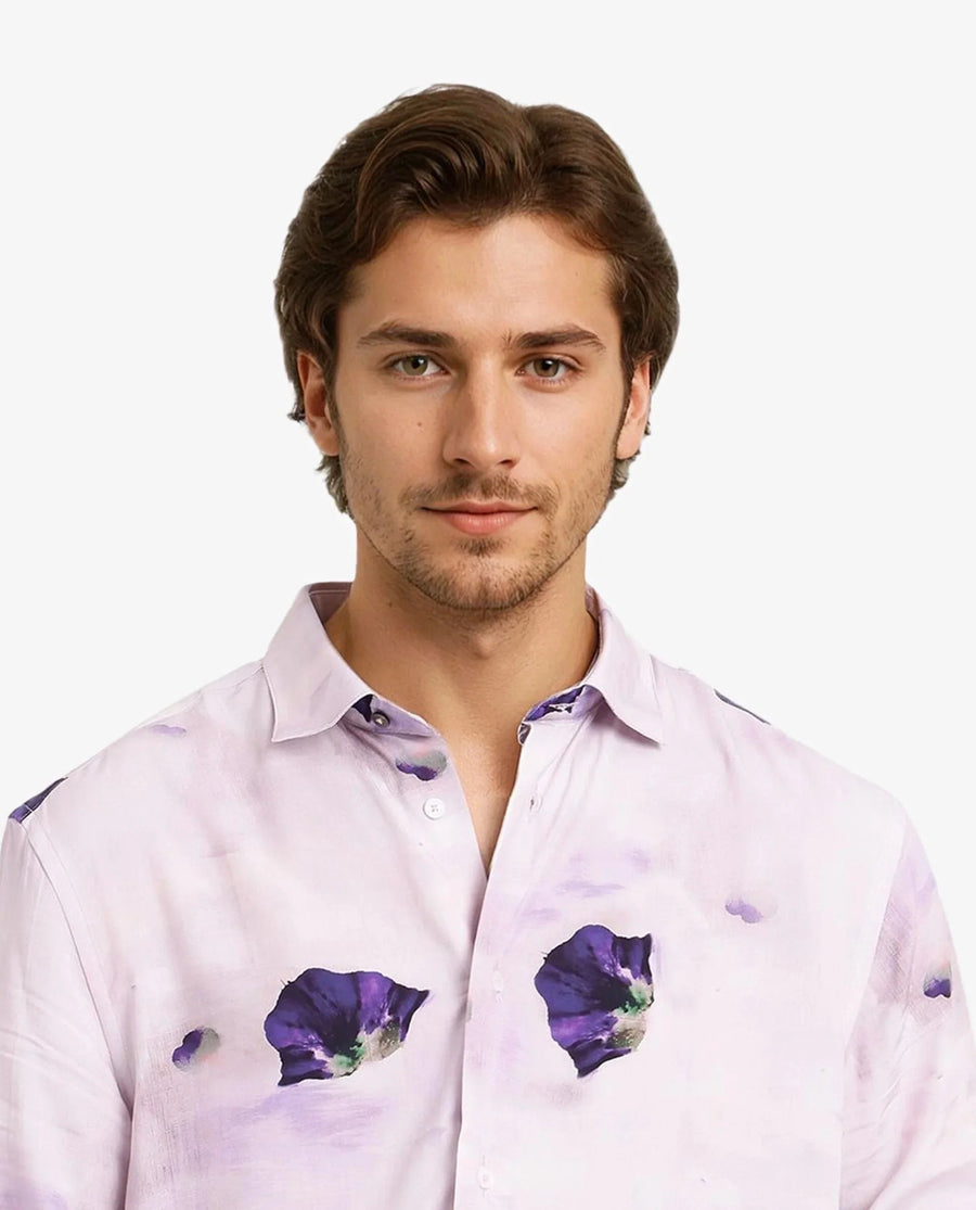 Rare Rabbit Men's Brixo Pastel Purple Viscose Floral Print Regular Fit Full Sleeve Collared Shirt