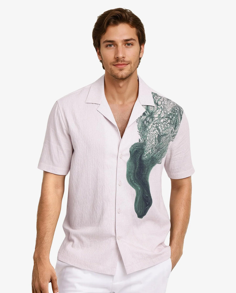 Rare Rabbit Men's Brok Pastel Pink Cotton Abstract Print Boxy Fit Half Sleeve Cuban Collar Shirt
