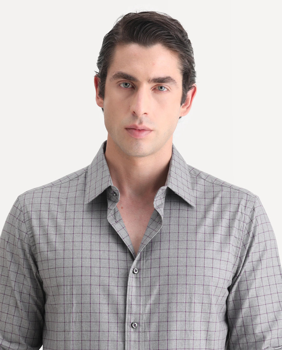 Rare Rabbit Men's Bronz Grey Cotton Checked Print Regular Fit Full Sleeve Collared Shirt