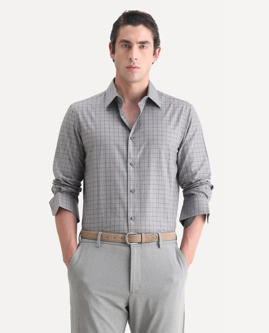 Rare Rabbit Men's Bronz Grey Cotton Checked Print Regular Fit Full Sleeve Collared Shirt