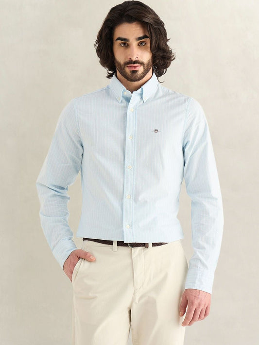 Gant Men Sky Blue Striped Slim Fit Oxford Shirt