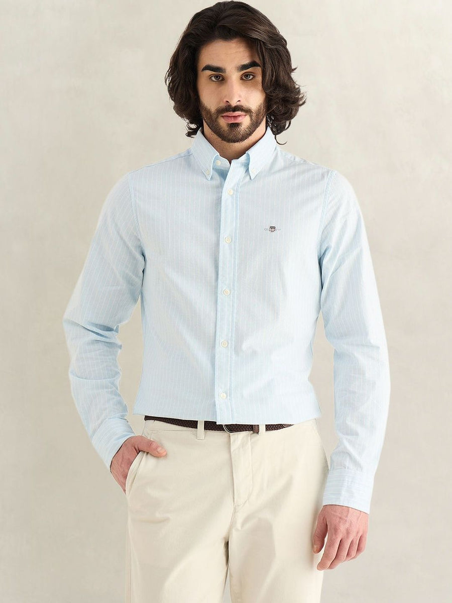 Gant Men Sky Blue Striped Slim Fit Oxford Shirt