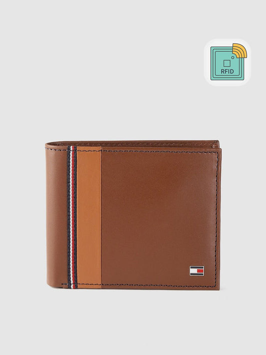 Tommy Hilfiger Men Brown Striped Detail Leather Two Fold Wallet with RFID