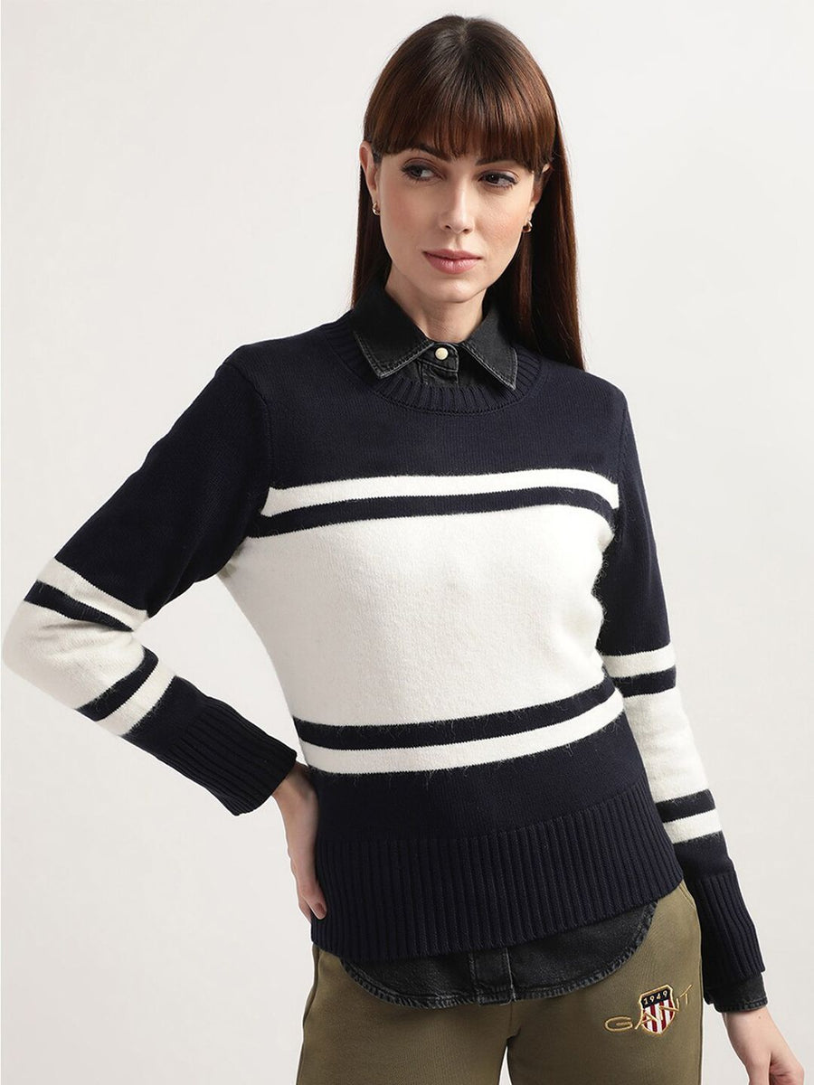 GANT Women Navy Blue & White Colourblocked Wool Pullover