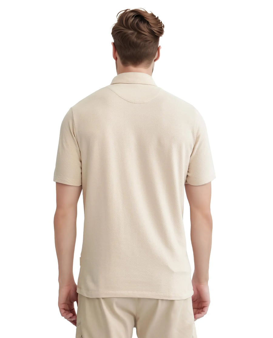 Rare Rabbit Men's Cabe-1 Light Beige Cotton Jacquard Regular Fit Half Sleeve Polo