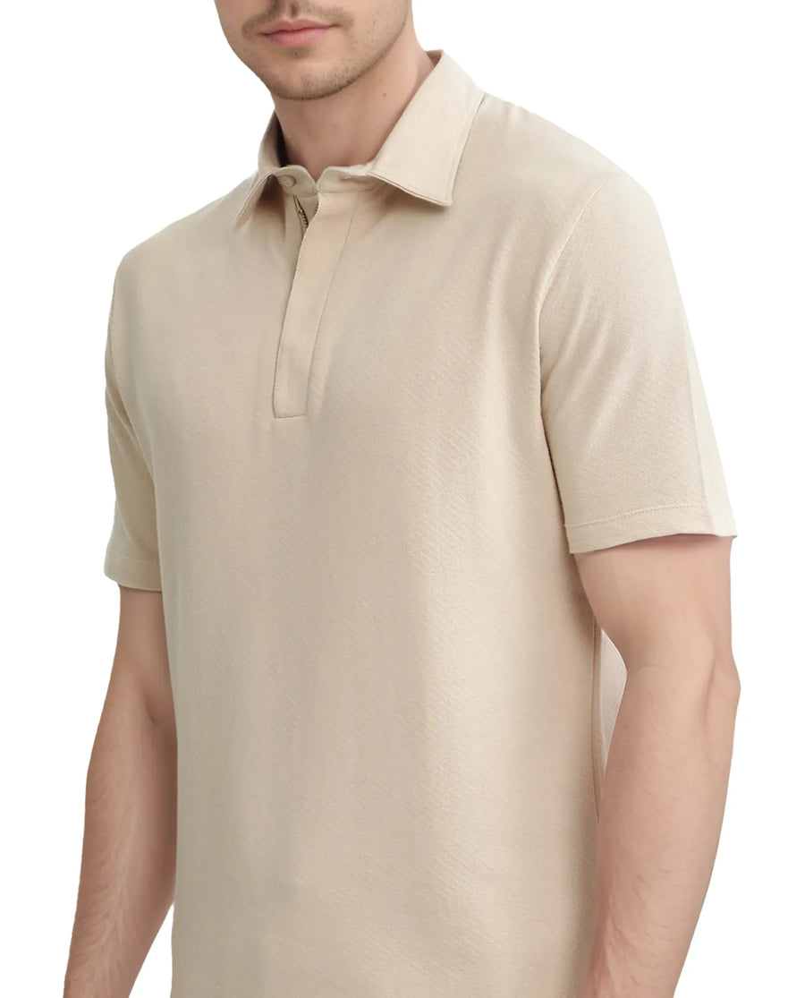 Rare Rabbit Men's Cabe-1 Light Beige Cotton Jacquard Regular Fit Half Sleeve Polo