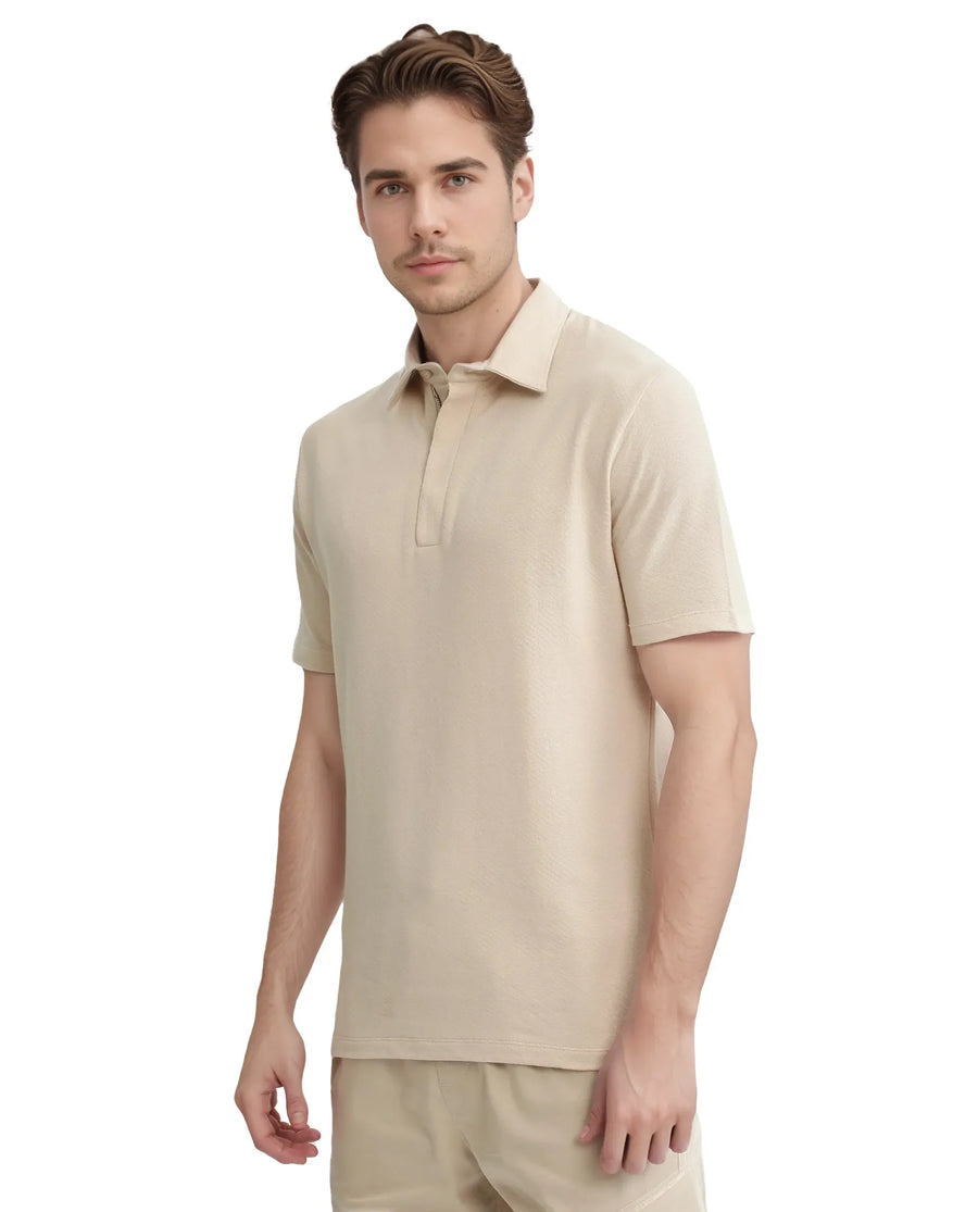 Rare Rabbit Men's Cabe-1 Light Beige Cotton Jacquard Regular Fit Half Sleeve Polo
