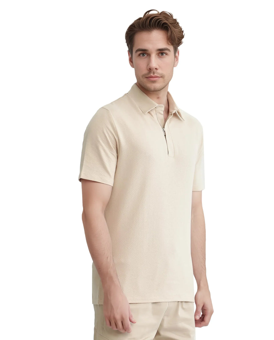Rare Rabbit Men's Cabe-1 Light Beige Cotton Jacquard Regular Fit Half Sleeve Polo
