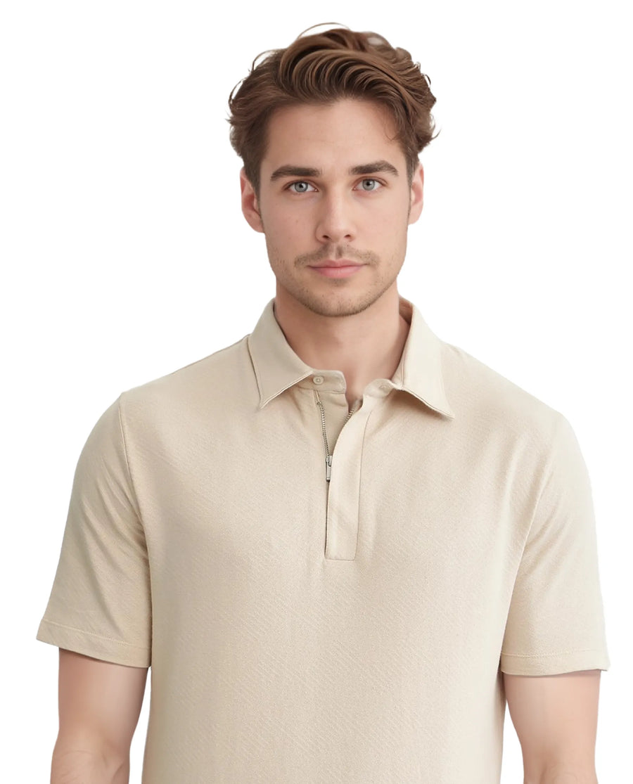 Rare Rabbit Men's Cabe-1 Light Beige Cotton Jacquard Regular Fit Half Sleeve Polo