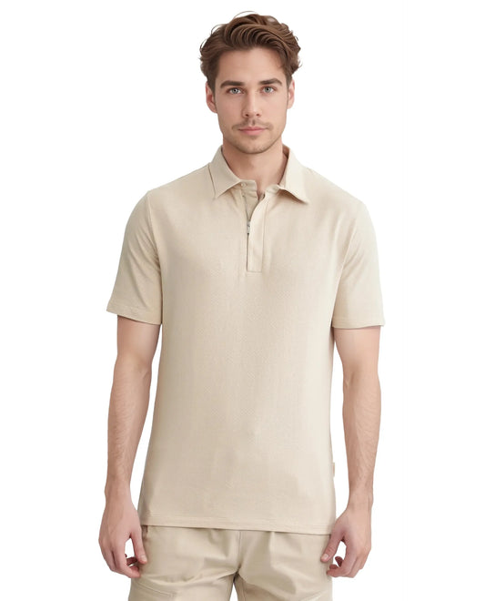 Rare Rabbit Men's Cabe-1 Light Beige Cotton Jacquard Regular Fit Half Sleeve Polo