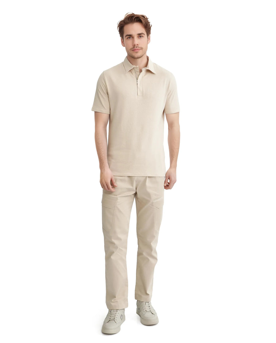 Rare Rabbit Men's Cabe-1 Light Beige Cotton Jacquard Regular Fit Half Sleeve Polo