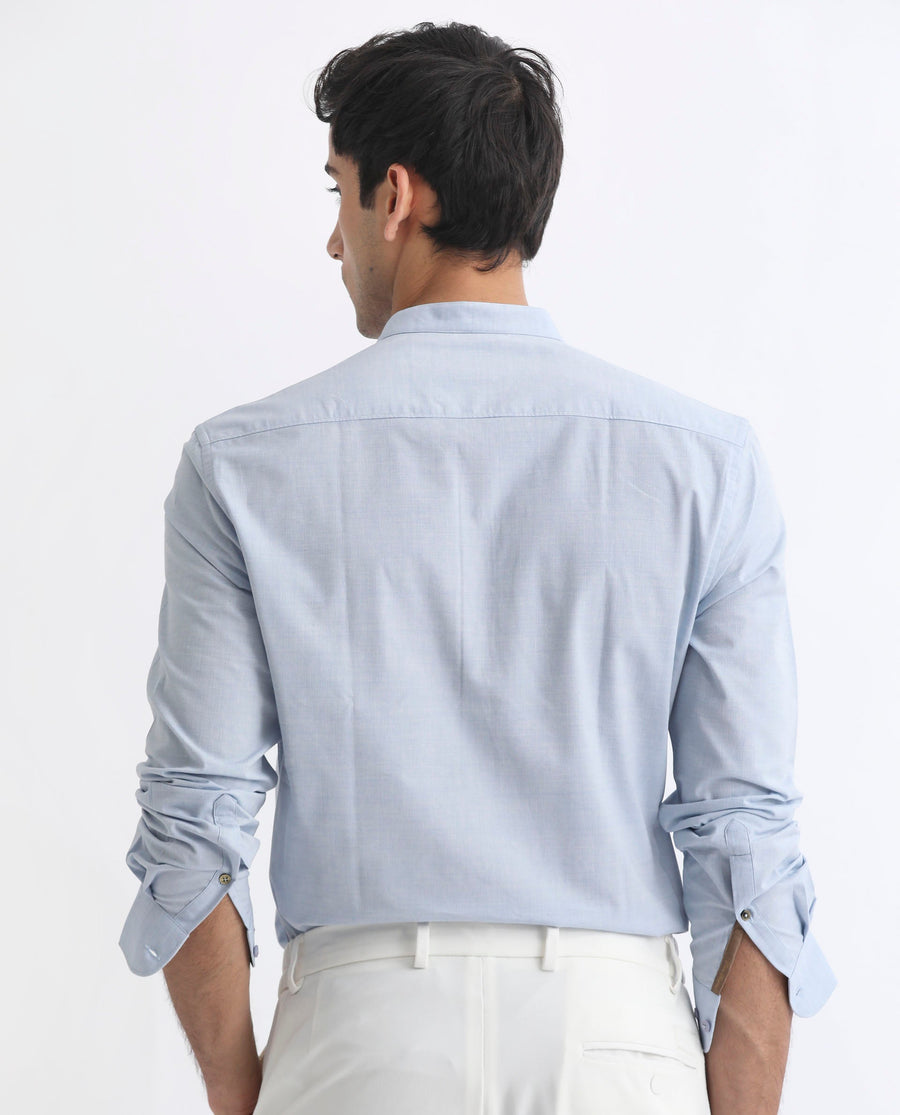 Rare Rabbit Men's Cadmi Light Blue Cotton Plain Regular Fit Full Sleeve Mandarin Collar Shirt
