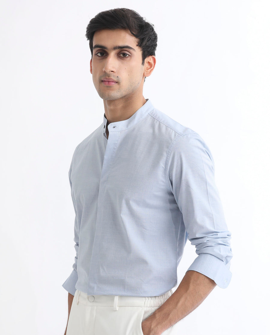 Rare Rabbit Men's Cadmi Light Blue Cotton Plain Regular Fit Full Sleeve Mandarin Collar Shirt