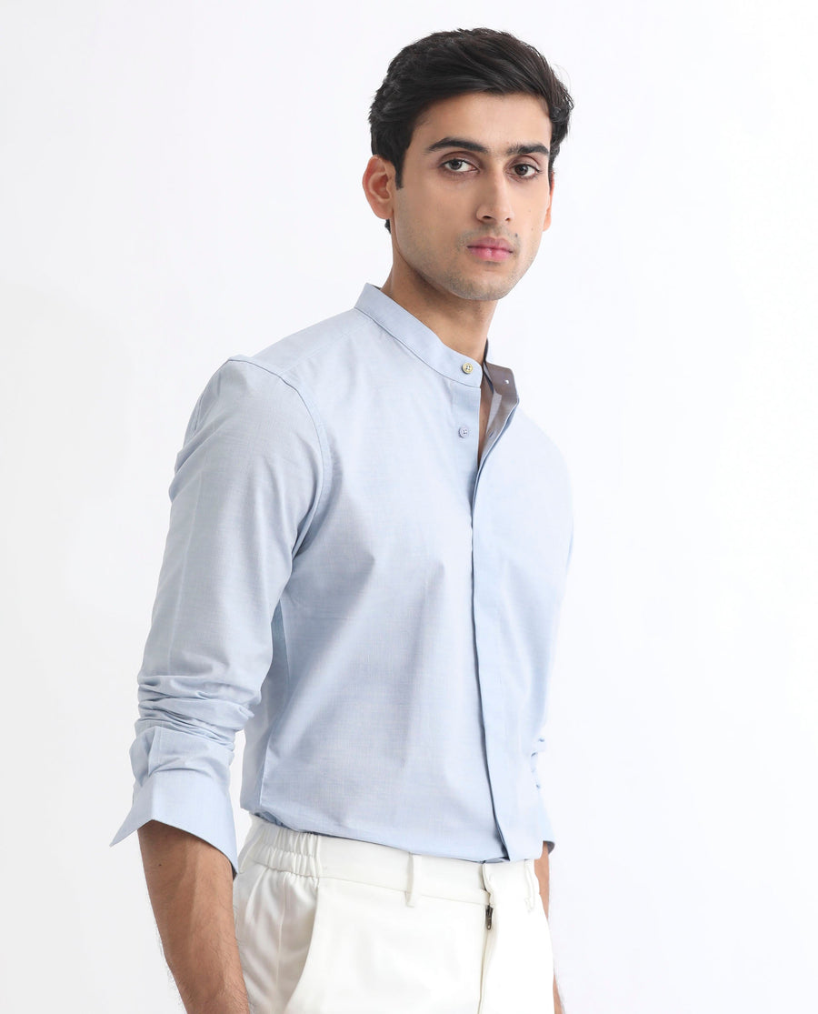 Rare Rabbit Men's Cadmi Light Blue Cotton Plain Regular Fit Full Sleeve Mandarin Collar Shirt