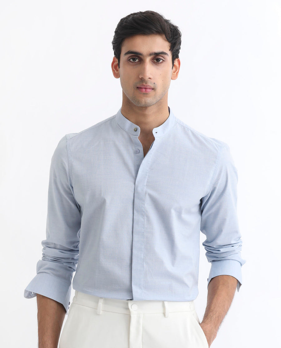 Rare Rabbit Men's Cadmi Light Blue Cotton Plain Regular Fit Full Sleeve Mandarin Collar Shirt