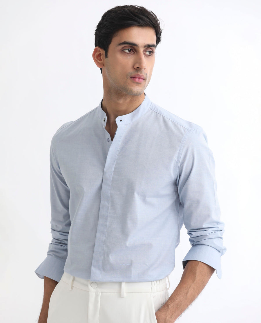 Rare Rabbit Men's Cadmi Light Blue Cotton Plain Regular Fit Full Sleeve Mandarin Collar Shirt