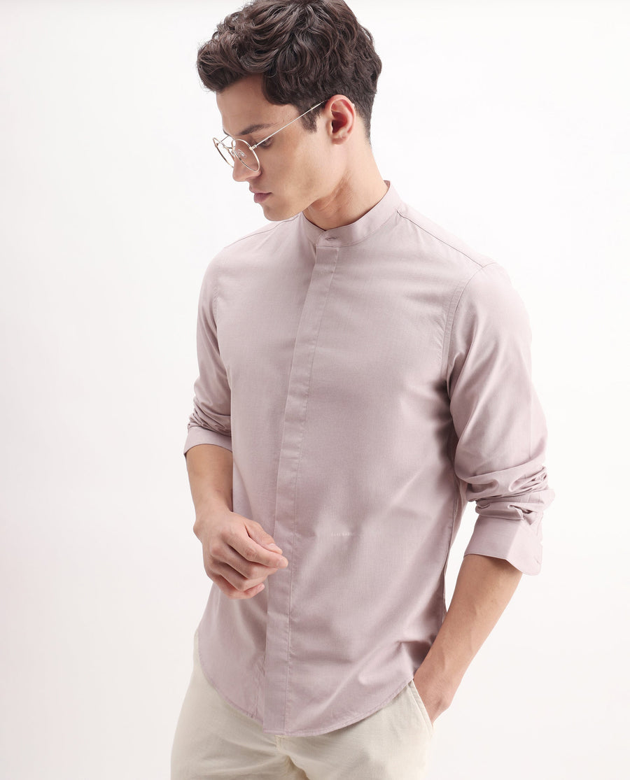 Rare Rabbit Men's Cadmi Light Pink Cotton Plain Regular Fit Full Sleeve Mandarin Collar Shirt