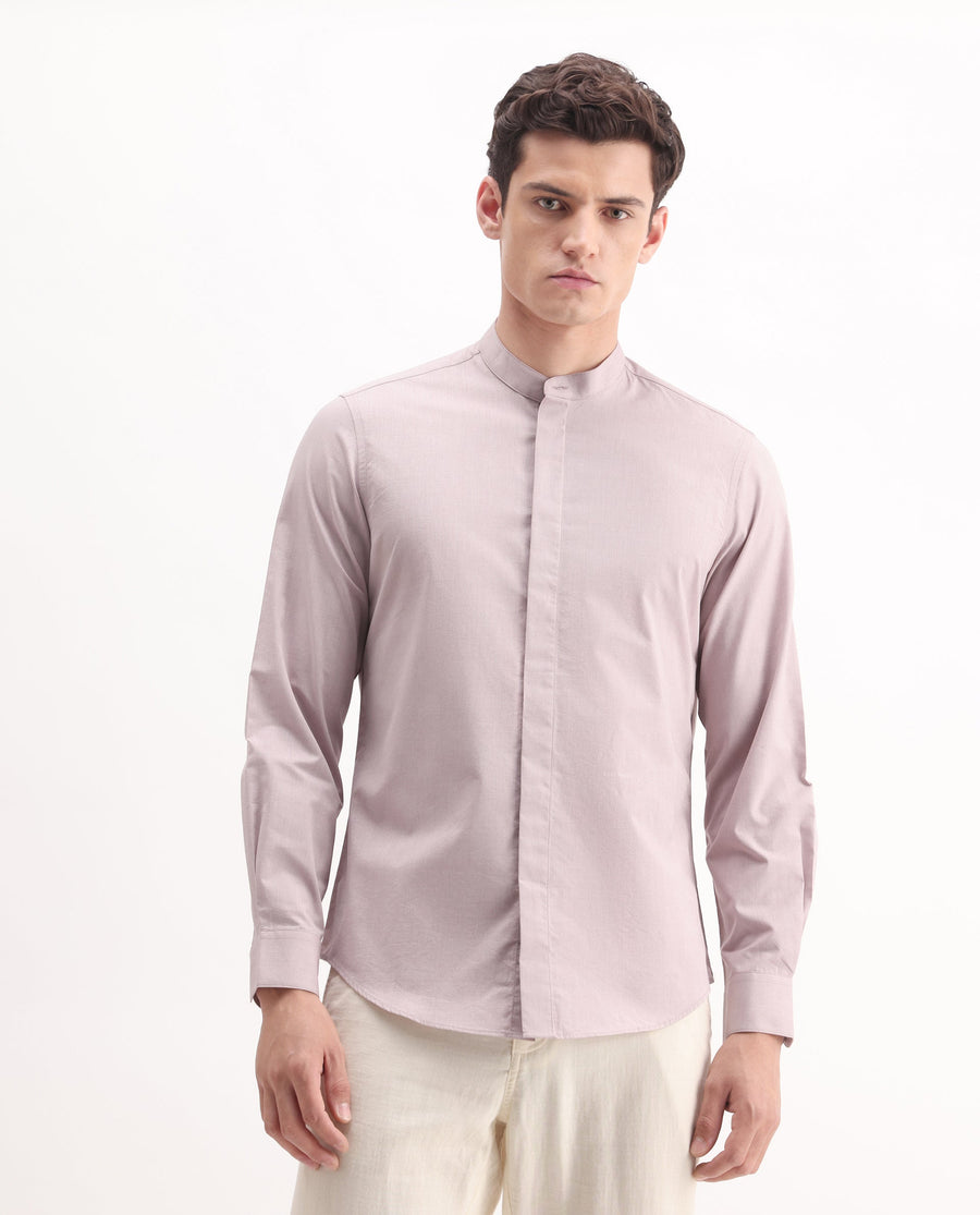 Rare Rabbit Men's Cadmi Light Pink Cotton Plain Regular Fit Full Sleeve Mandarin Collar Shirt
