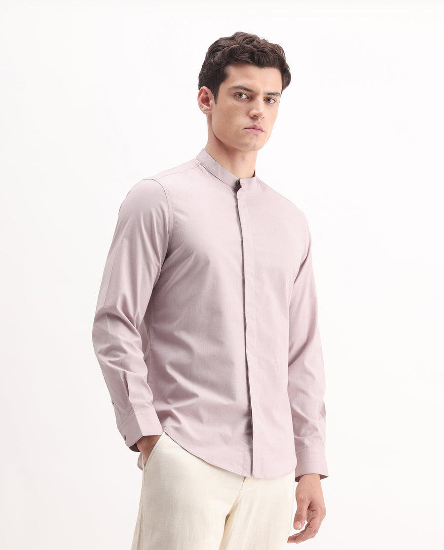 Rare Rabbit Men's Cadmi Light Pink Cotton Plain Regular Fit Full Sleeve Mandarin Collar Shirt