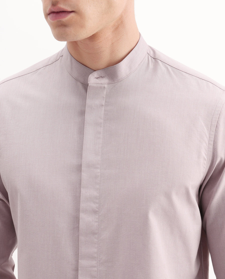 Rare Rabbit Men's Cadmi Light Pink Cotton Plain Regular Fit Full Sleeve Mandarin Collar Shirt