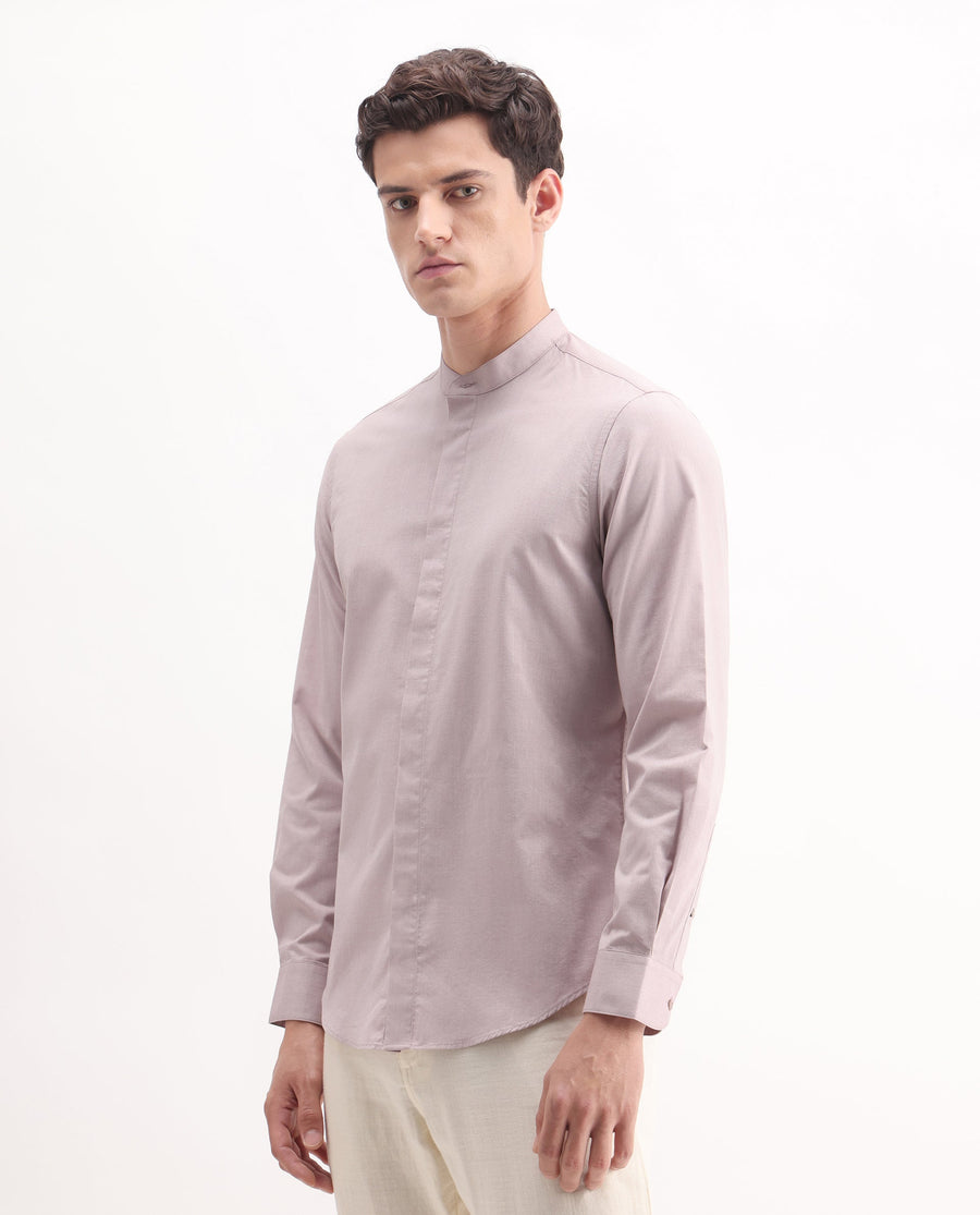 Rare Rabbit Men's Cadmi Light Pink Cotton Plain Regular Fit Full Sleeve Mandarin Collar Shirt