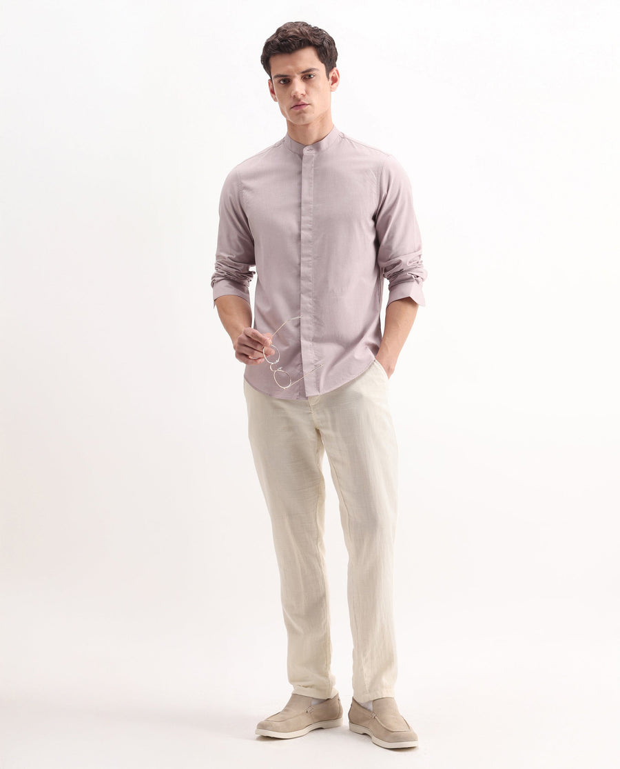 Rare Rabbit Men's Cadmi Light Pink Cotton Plain Regular Fit Full Sleeve Mandarin Collar Shirt