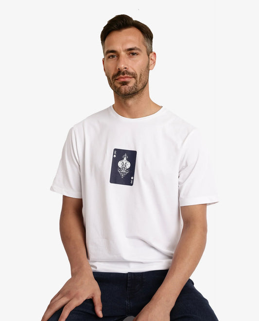 Rare Rabbit Men's Caf White Cotton Graphic Print Regular Fit Half Sleeve Crew Neck T-Shirt