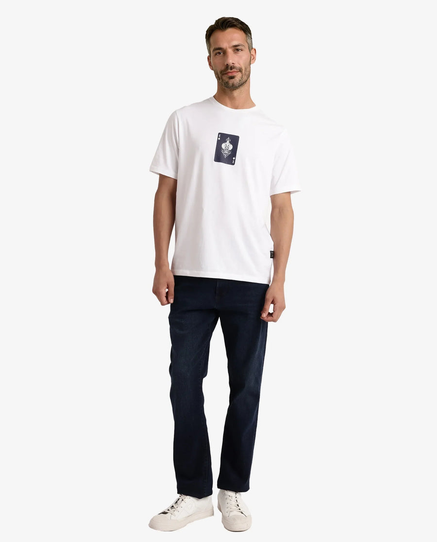 Rare Rabbit Men's Caf White Cotton Graphic Print Regular Fit Half Sleeve Crew Neck T-Shirt