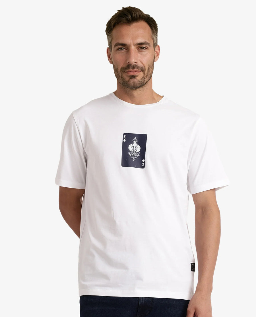Rare Rabbit Men's Caf White Cotton Graphic Print Regular Fit Half Sleeve Crew Neck T-Shirt