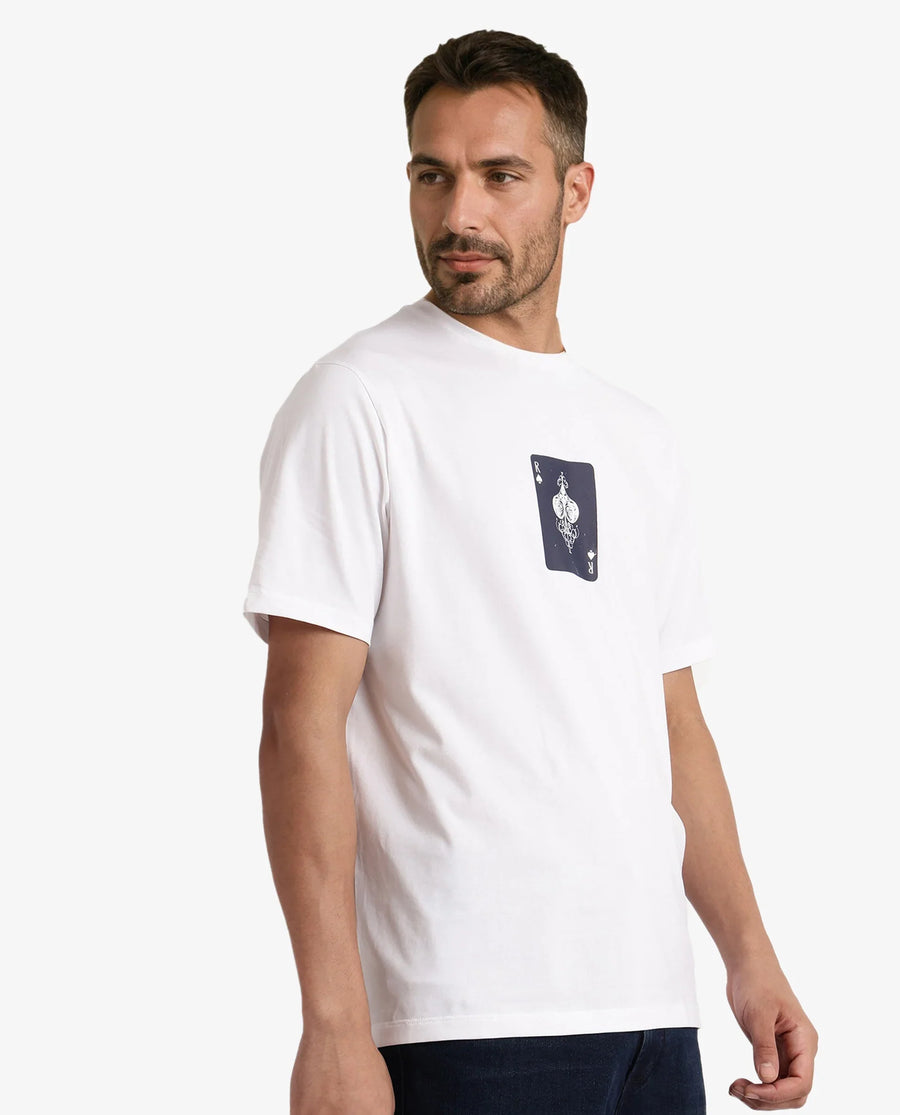 Rare Rabbit Men's Caf White Cotton Graphic Print Regular Fit Half Sleeve Crew Neck T-Shirt