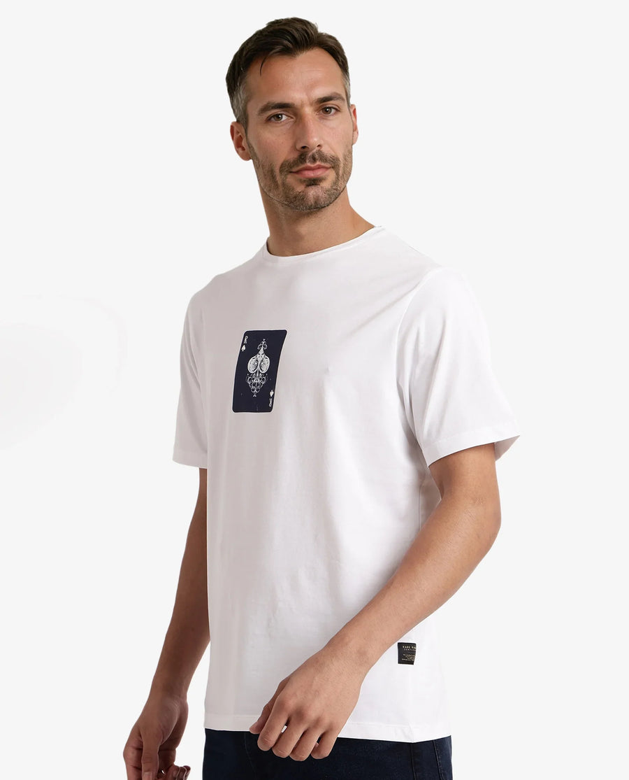 Rare Rabbit Men's Caf White Cotton Graphic Print Regular Fit Half Sleeve Crew Neck T-Shirt