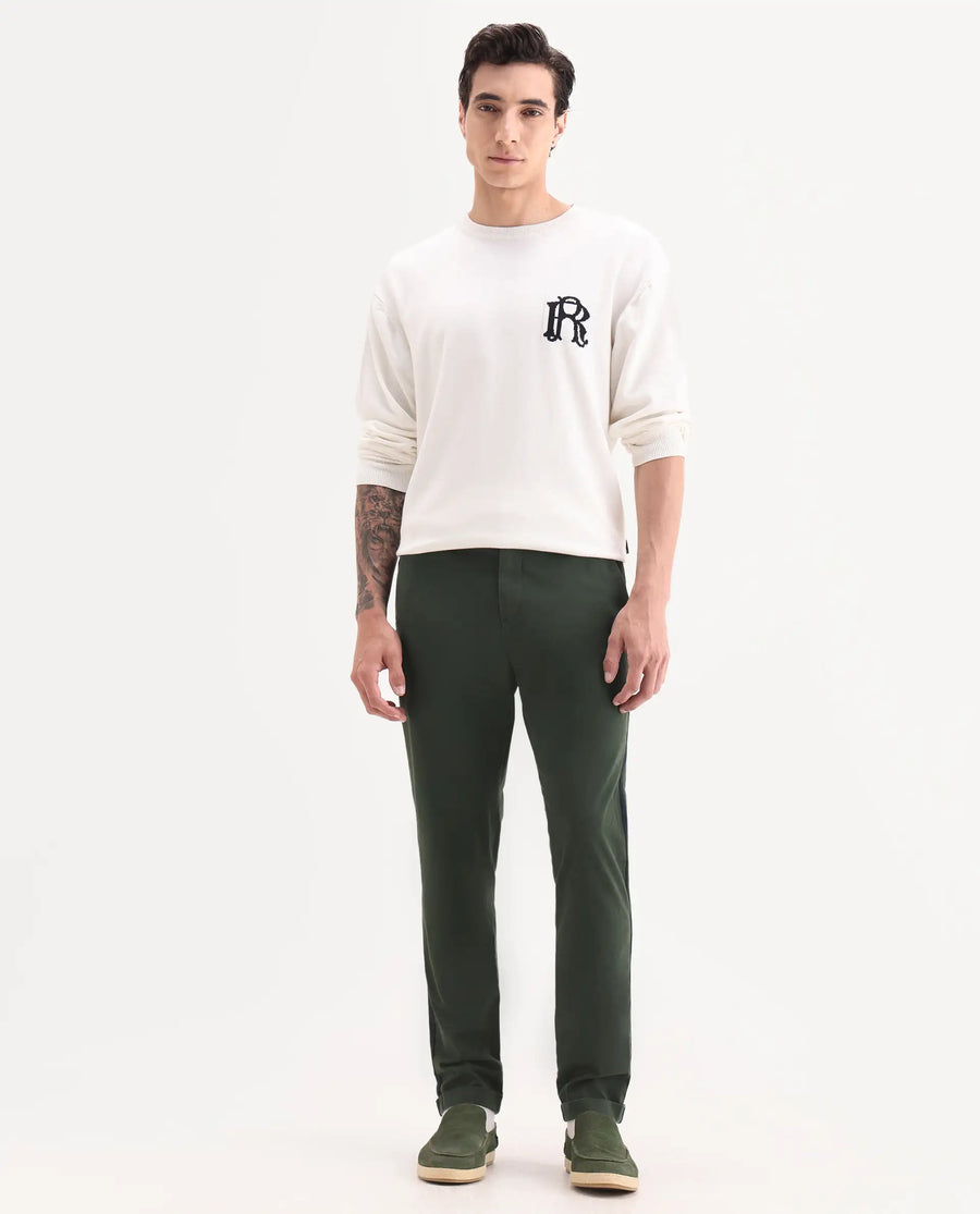 Rare Rabbit Men's Caloon Green Cotton Blend Plain Regular Fit Trouser