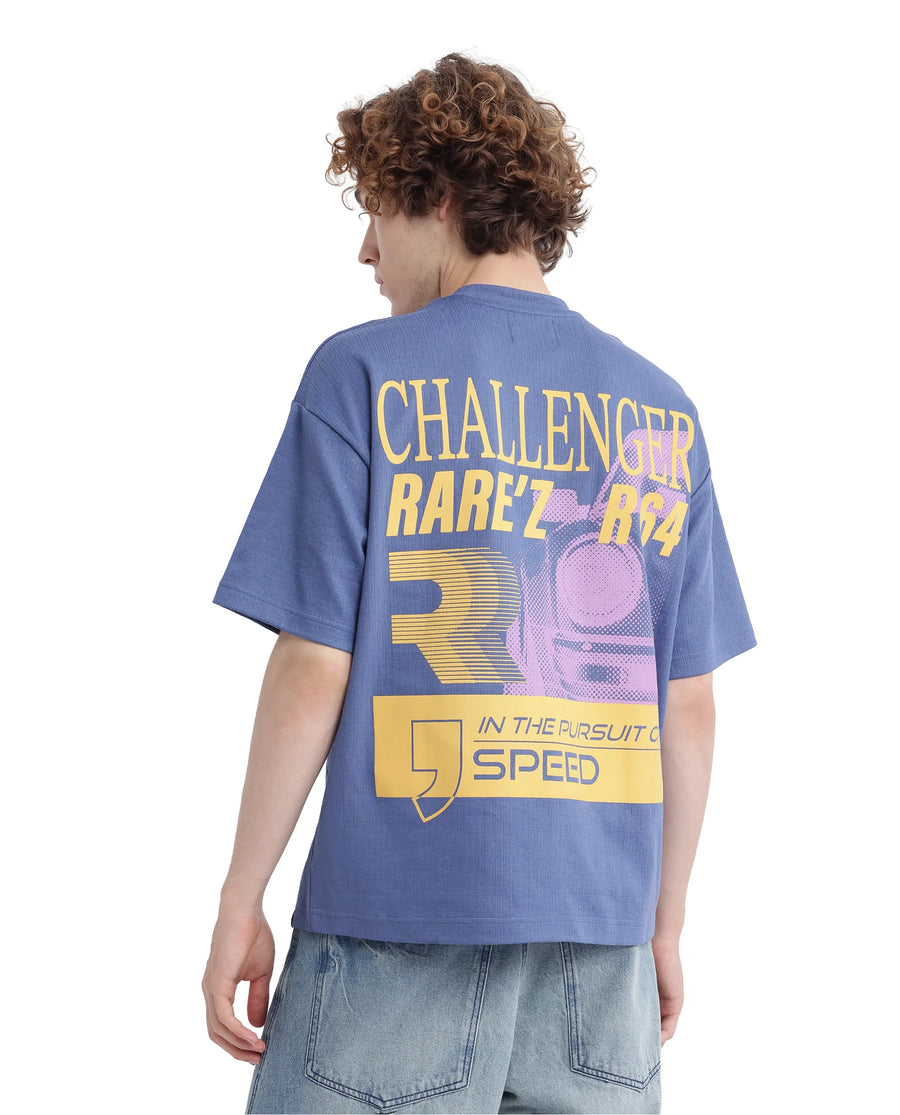 Rare Rabbit Men's Calro Dusky Blue Cotton Blend Graphic Print Oversized Fit Half Sleeve Crew Neck T-Shirt