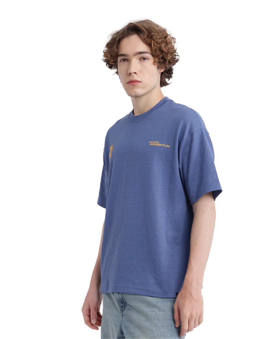 Rare Rabbit Men's Calro Dusky Blue Cotton Blend Graphic Print Oversized Fit Half Sleeve Crew Neck T-Shirt