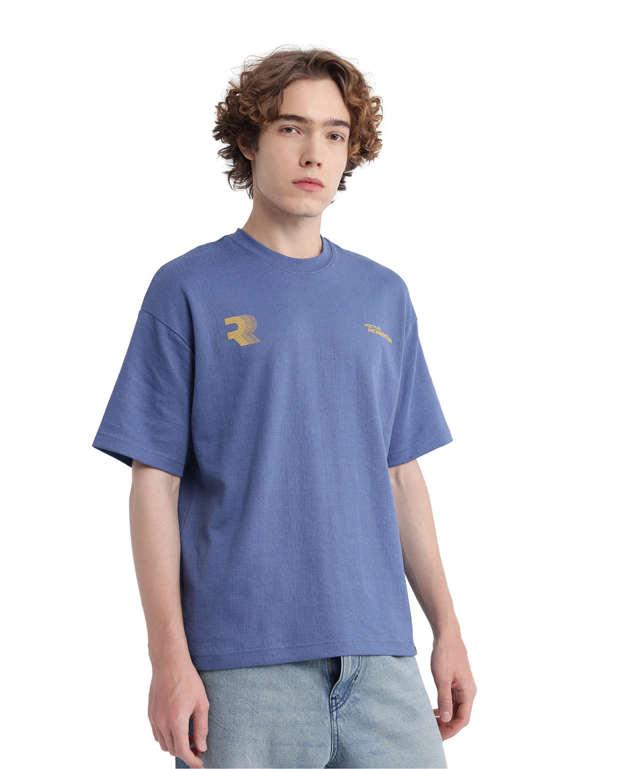 Rare Rabbit Men's Calro Dusky Blue Cotton Blend Graphic Print Oversized Fit Half Sleeve Crew Neck T-Shirt