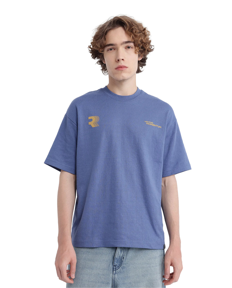 Rare Rabbit Men's Calro Dusky Blue Cotton Blend Graphic Print Oversized Fit Half Sleeve Crew Neck T-Shirt