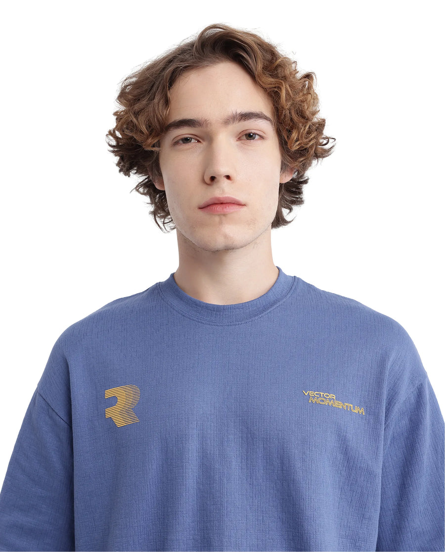 Rare Rabbit Men's Calro Dusky Blue Cotton Blend Graphic Print Oversized Fit Half Sleeve Crew Neck T-Shirt