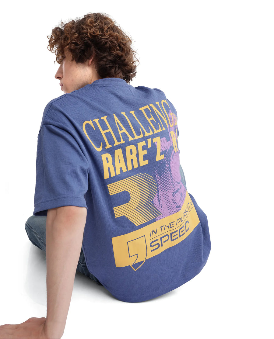 Rare Rabbit Men's Calro Dusky Blue Cotton Blend Graphic Print Oversized Fit Half Sleeve Crew Neck T-Shirt