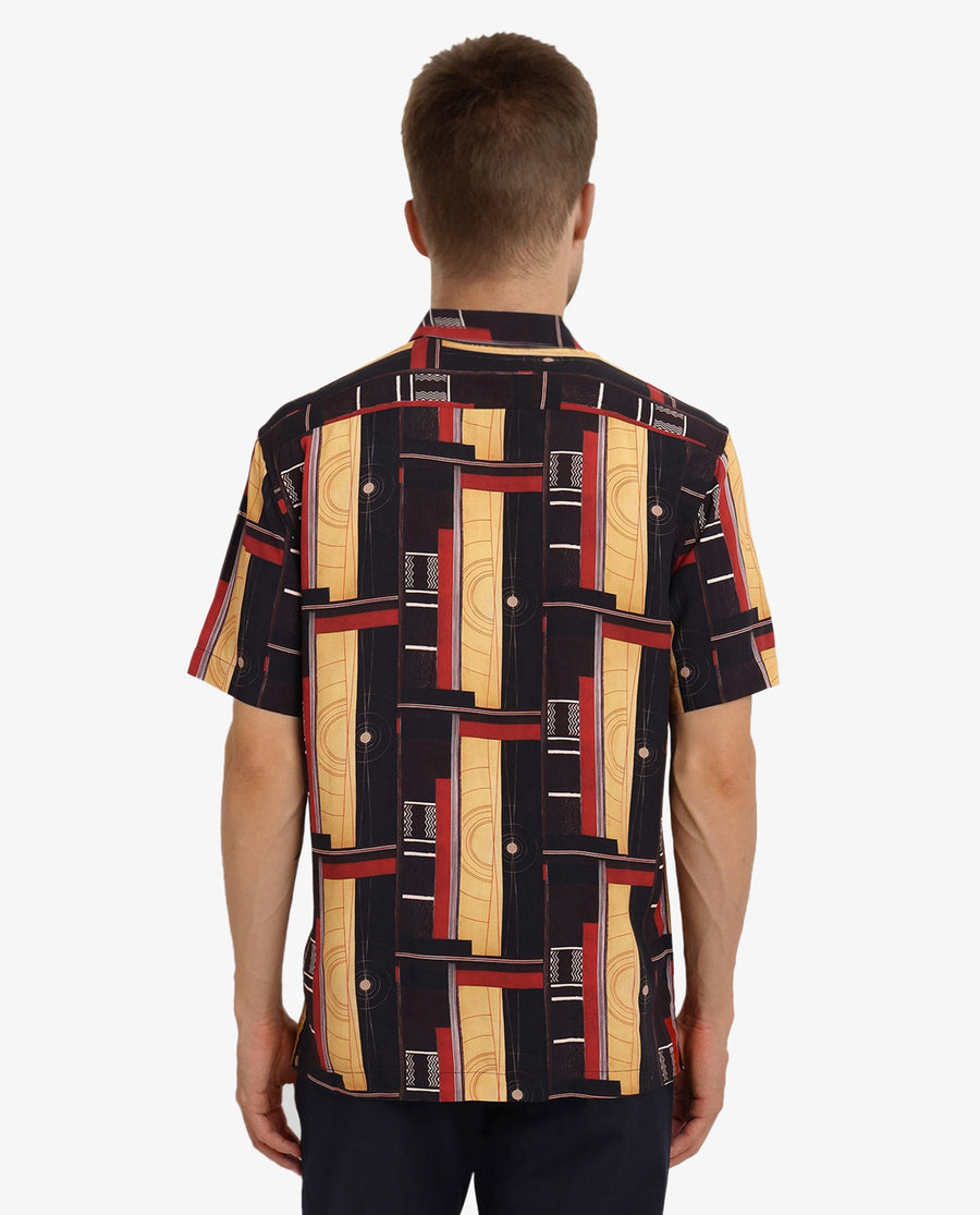Rare Rabbit Men's Calt Black Viscose Abstract Print Boxy Fit Half Sleeve Collared Shirt