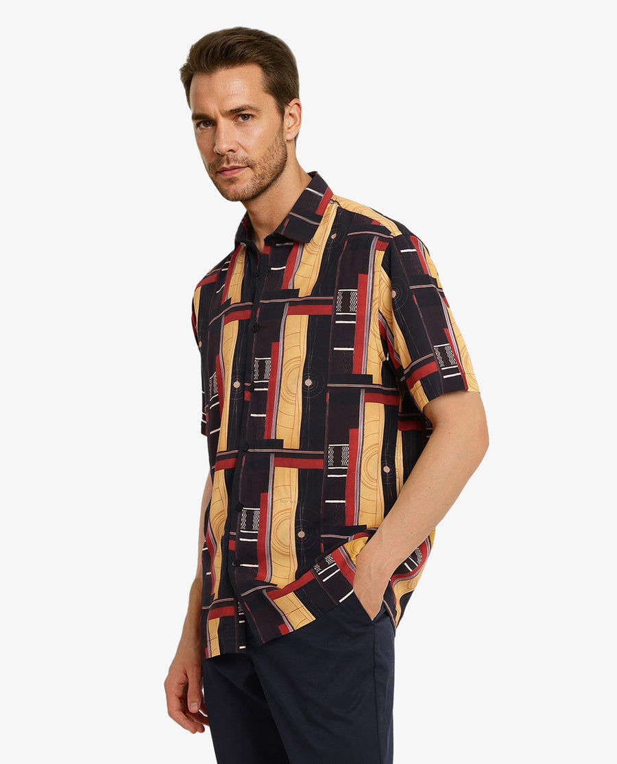 Rare Rabbit Men's Calt Black Viscose Abstract Print Boxy Fit Half Sleeve Collared Shirt