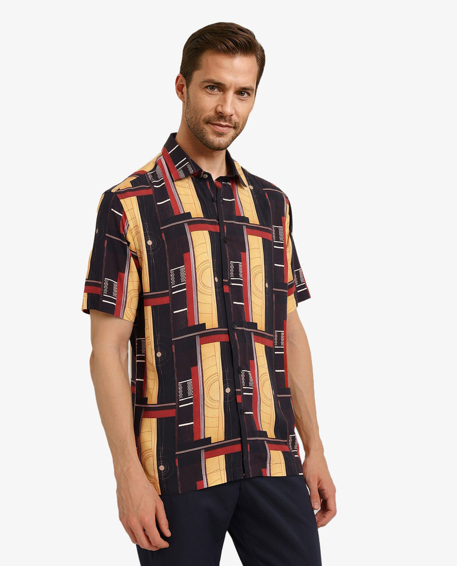 Rare Rabbit Men's Calt Black Viscose Abstract Print Boxy Fit Half Sleeve Collared Shirt