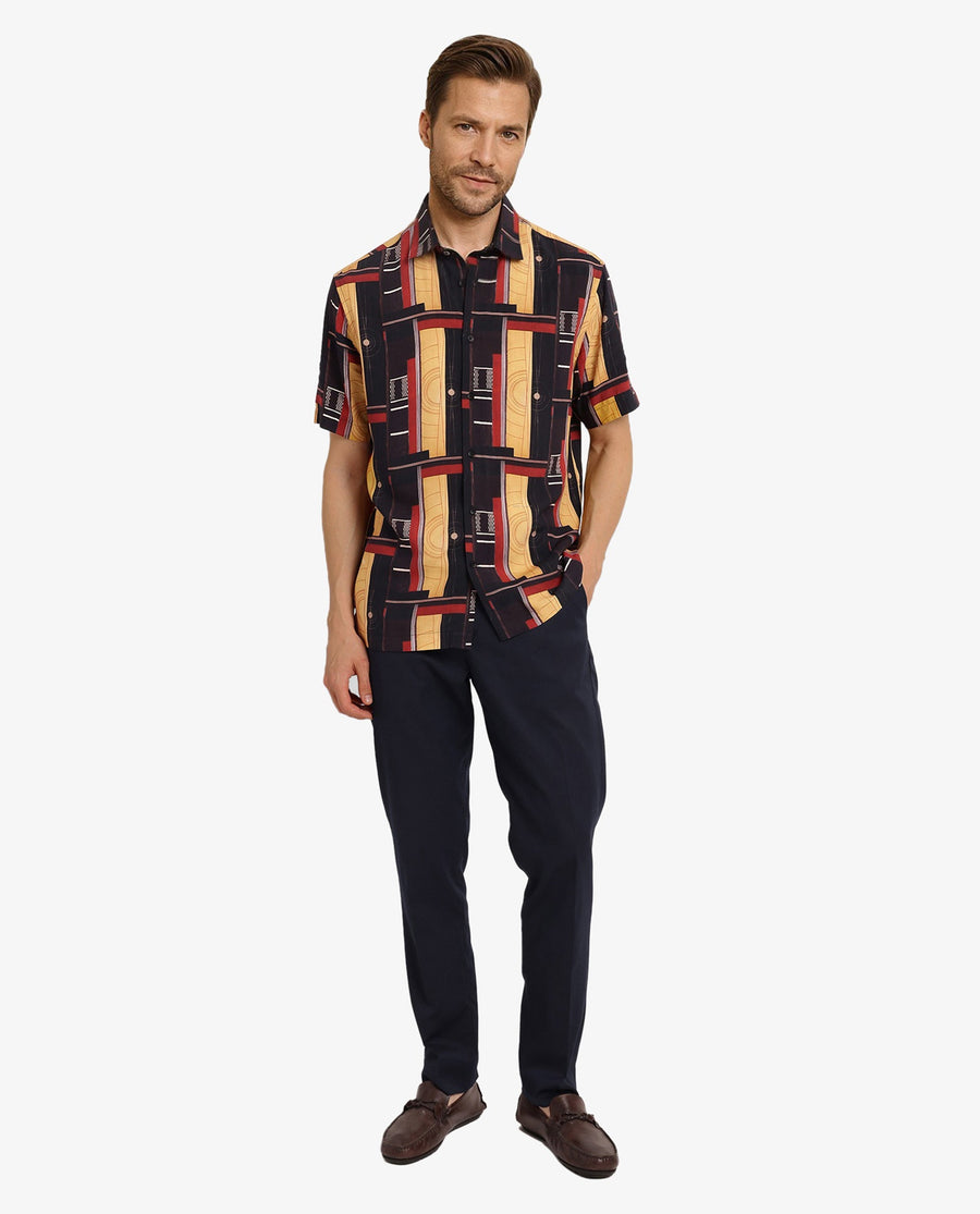 Rare Rabbit Men's Calt Black Viscose Abstract Print Boxy Fit Half Sleeve Collared Shirt
