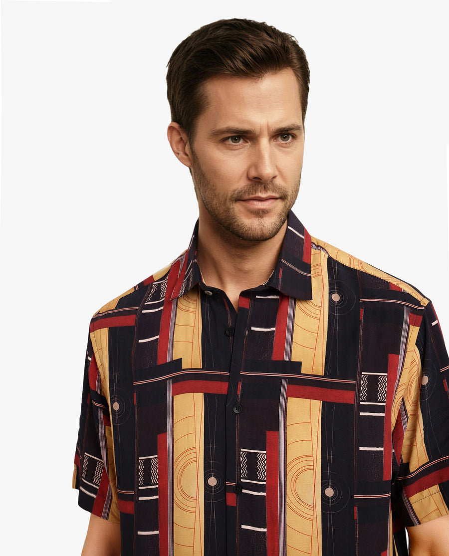 Rare Rabbit Men's Calt Black Viscose Abstract Print Boxy Fit Half Sleeve Collared Shirt